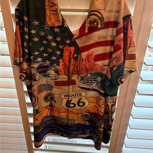 Route 66 Vintage Car & American Flag Print Button-Up Shirt